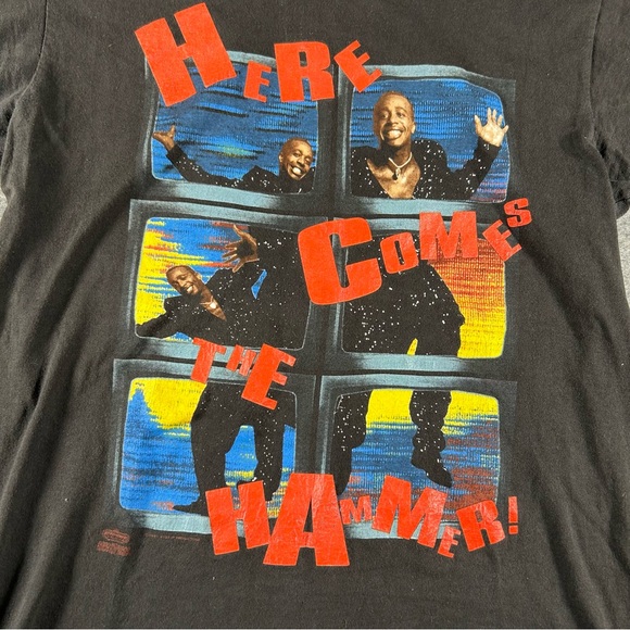 Vintage MC Hammer Shirt Mens Medium Black 1991 Here Comes The Hammer 90s Rap Tee - Picture 2 of 8